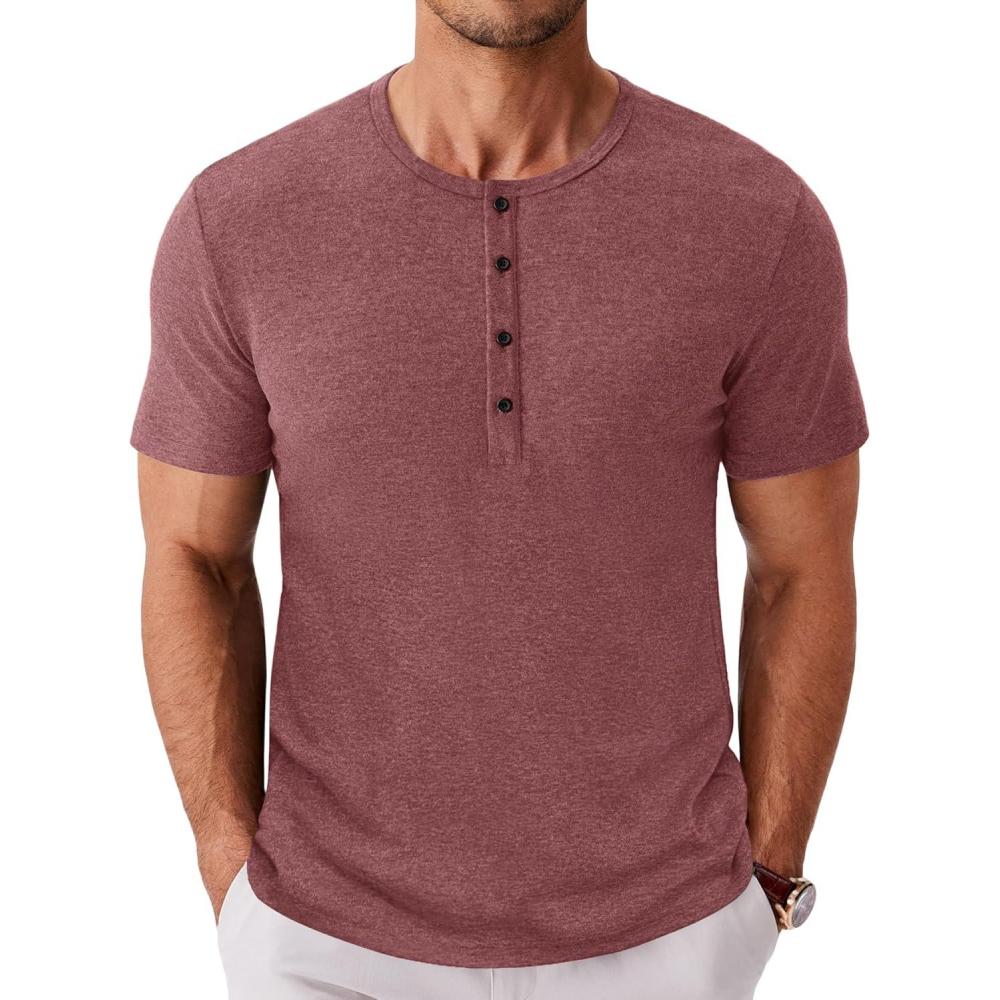 imageCOOFANDY Mens Henley Shirts Short Sleeve Fashion Casual TShirts Summer Button Basic TeeRed