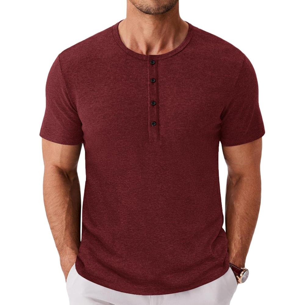 imageCOOFANDY Mens Henley Shirts Short Sleeve Fashion Casual TShirts Summer Button Basic TeeWine Red