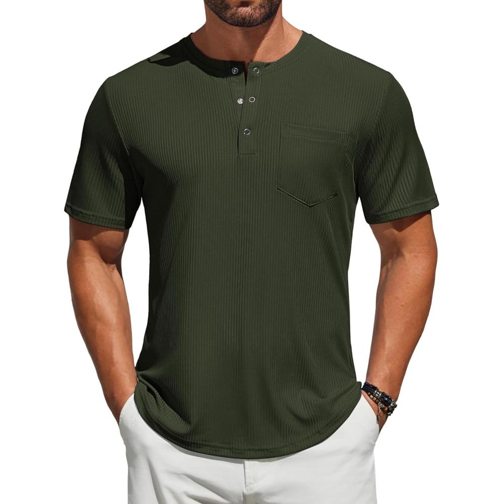 imageCOOFANDY Mens Henley Shirts Short Sleeve Tshirt Basic Button Tees Summer Ribbed Pocket T Shirt Casual Stretch TopsArmy Green