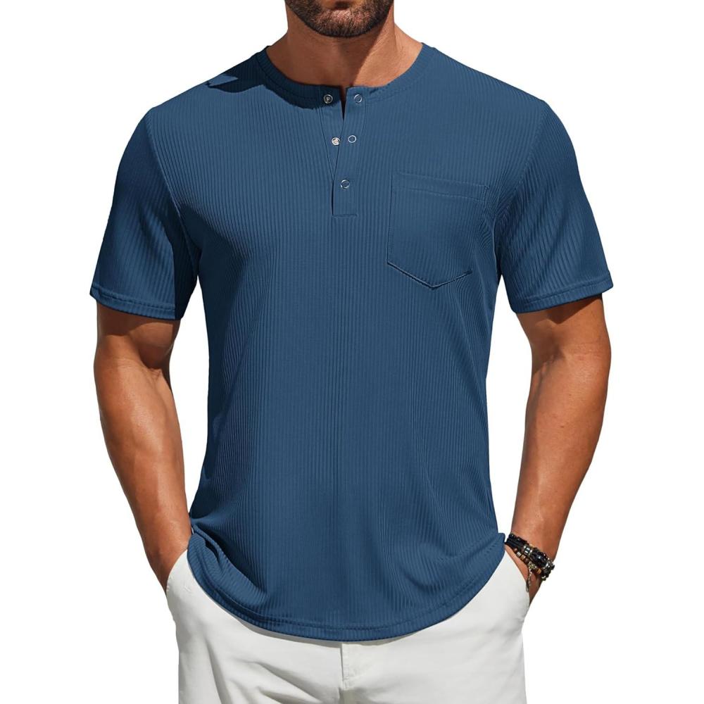 imageCOOFANDY Mens Henley Shirts Short Sleeve Tshirt Basic Button Tees Summer Ribbed Pocket T Shirt Casual Stretch TopsBlue
