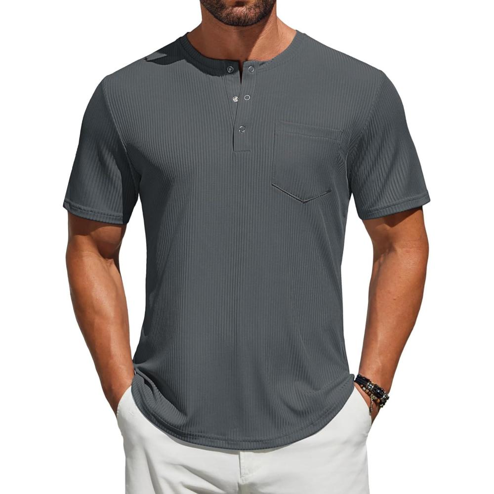imageCOOFANDY Mens Henley Shirts Short Sleeve Tshirt Basic Button Tees Summer Ribbed Pocket T Shirt Casual Stretch TopsDark Grey