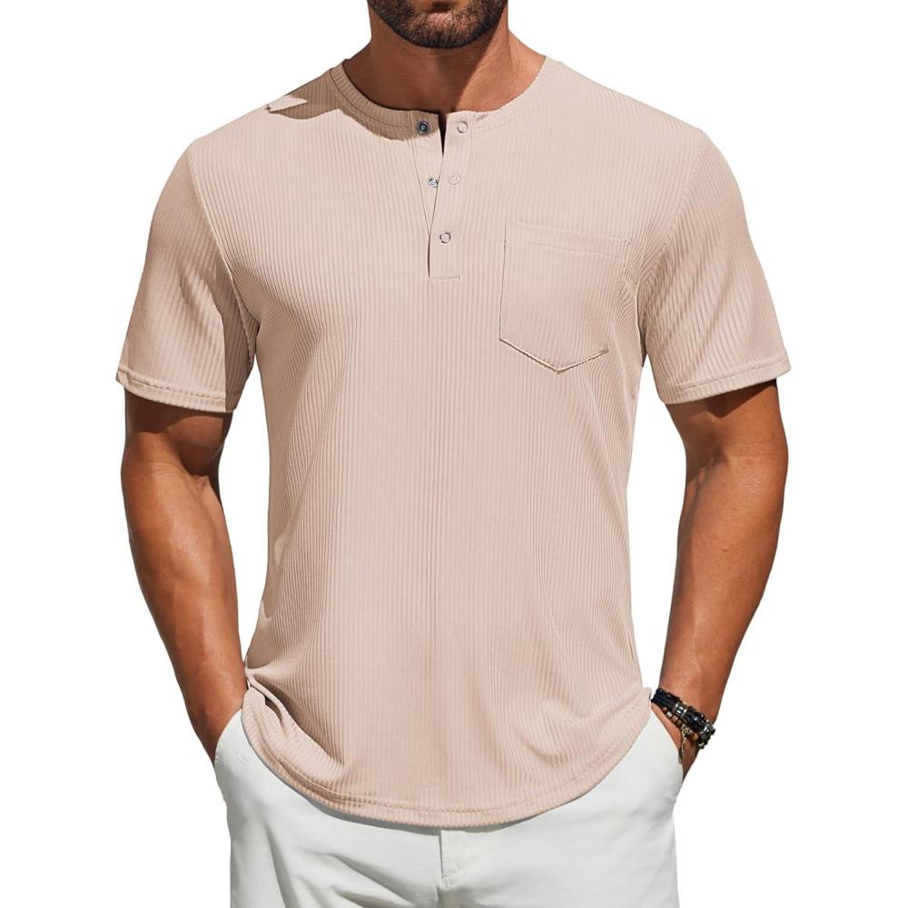 imageCOOFANDY Mens Henley Shirts Short Sleeve Tshirt Basic Button Tees Summer Ribbed Pocket T Shirt Casual Stretch TopsKhaki