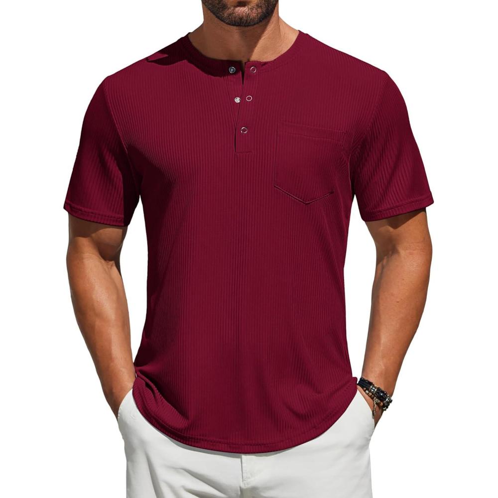 imageCOOFANDY Mens Henley Shirts Short Sleeve Tshirt Basic Button Tees Summer Ribbed Pocket T Shirt Casual Stretch TopsWine Red
