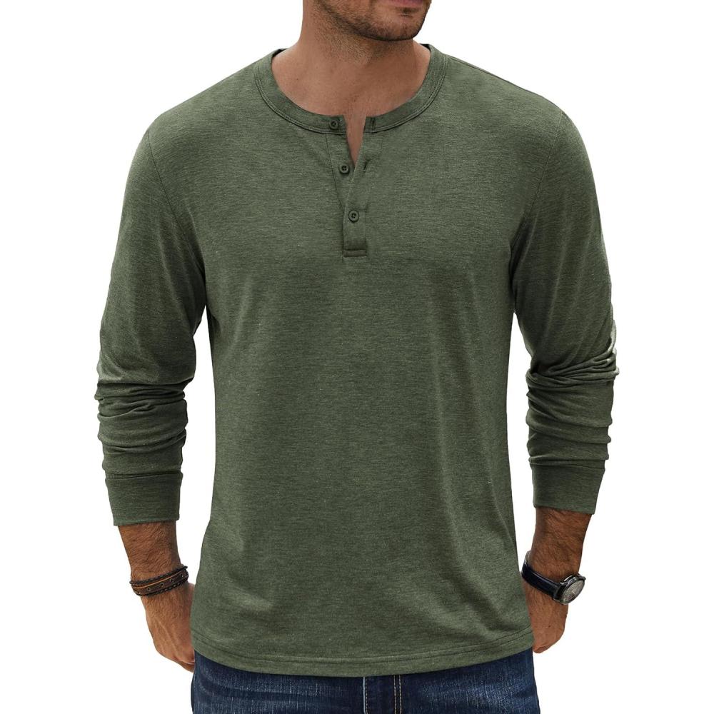 imageCOOFANDY Mens Henley TShirt Long Sleeve Casual Lightweight Pullover Shirts Soft Stretch Basic Tees Fall TopsArmy Green