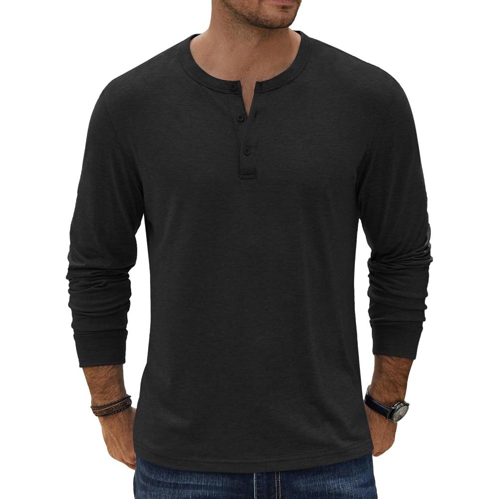 imageCOOFANDY Mens Henley TShirt Long Sleeve Casual Lightweight Pullover Shirts Soft Stretch Basic Tees Fall TopsBlack