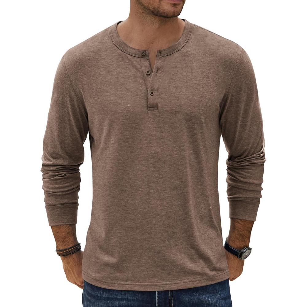 imageCOOFANDY Mens Henley TShirt Long Sleeve Casual Lightweight Pullover Shirts Soft Stretch Basic Tees Fall TopsBrown