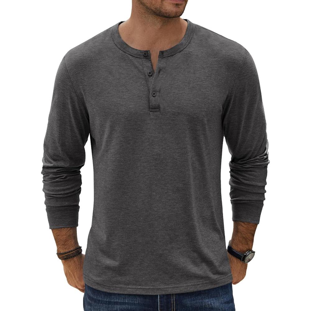 imageCOOFANDY Mens Henley TShirt Long Sleeve Casual Lightweight Pullover Shirts Soft Stretch Basic Tees Fall TopsDark Grey