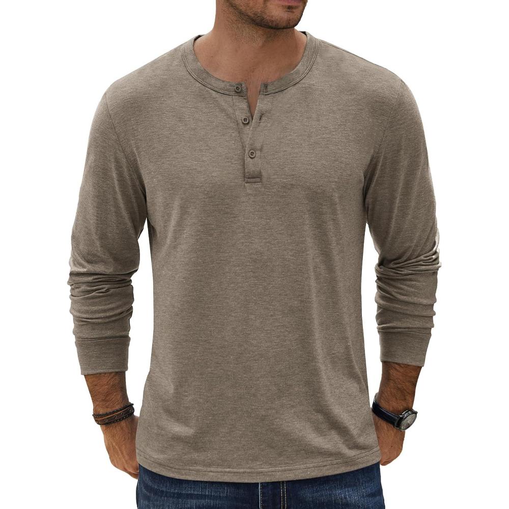 imageCOOFANDY Mens Henley TShirt Long Sleeve Casual Lightweight Pullover Shirts Soft Stretch Basic Tees Fall TopsKhaki