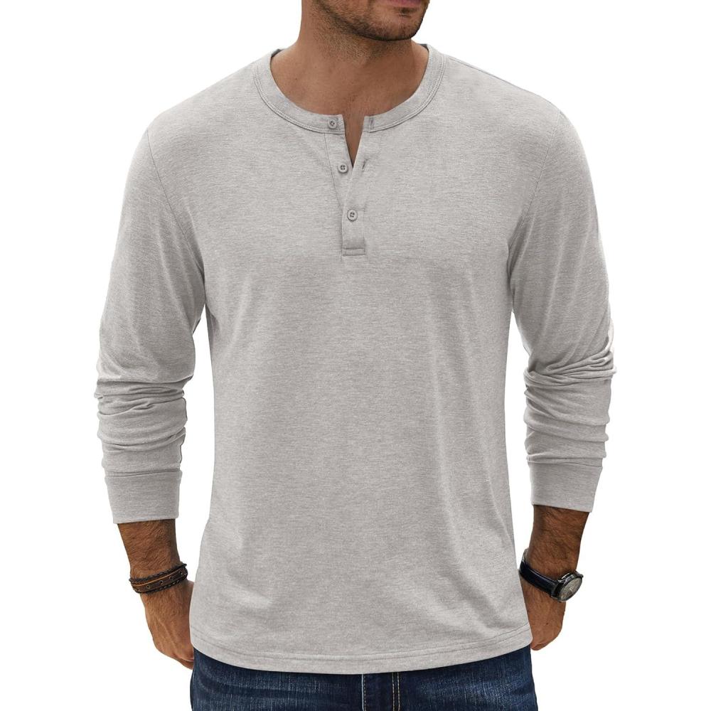imageCOOFANDY Mens Henley TShirt Long Sleeve Casual Lightweight Pullover Shirts Soft Stretch Basic Tees Fall TopsLight Grey
