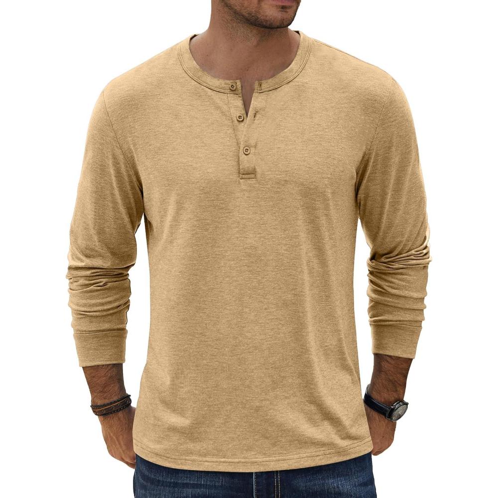 imageCOOFANDY Mens Henley TShirt Long Sleeve Casual Lightweight Pullover Shirts Soft Stretch Basic Tees Fall TopsLight Khaki