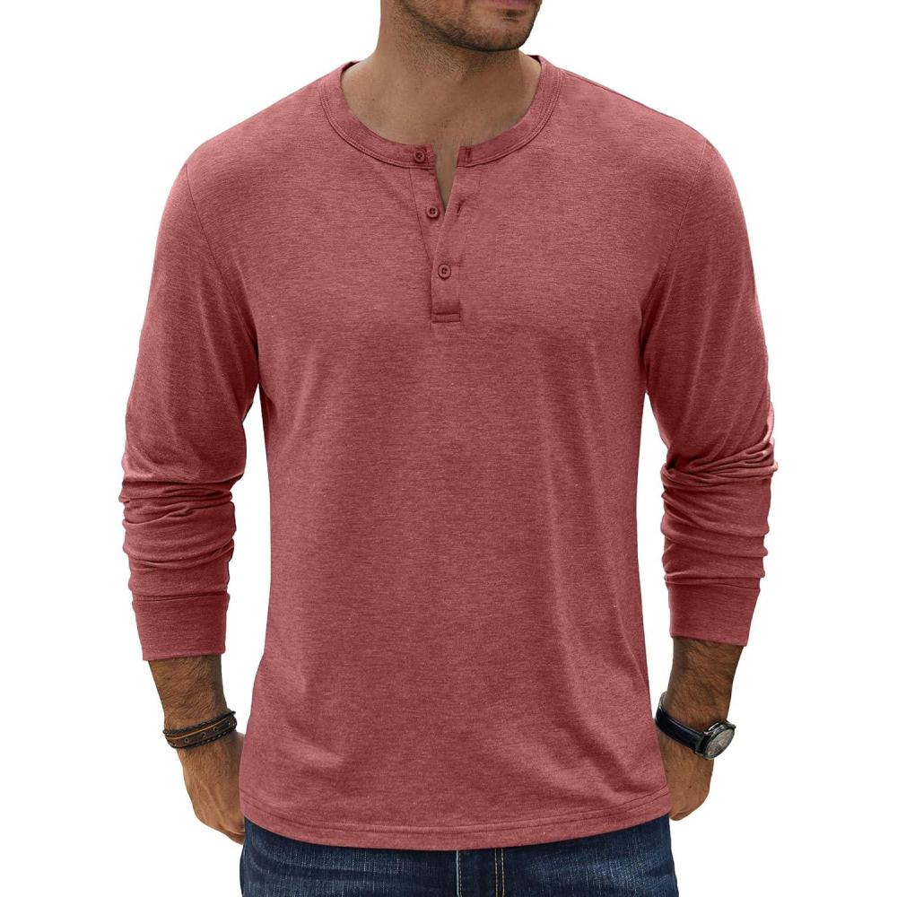 imageCOOFANDY Mens Henley TShirt Long Sleeve Casual Lightweight Pullover Shirts Soft Stretch Basic Tees Fall TopsRed