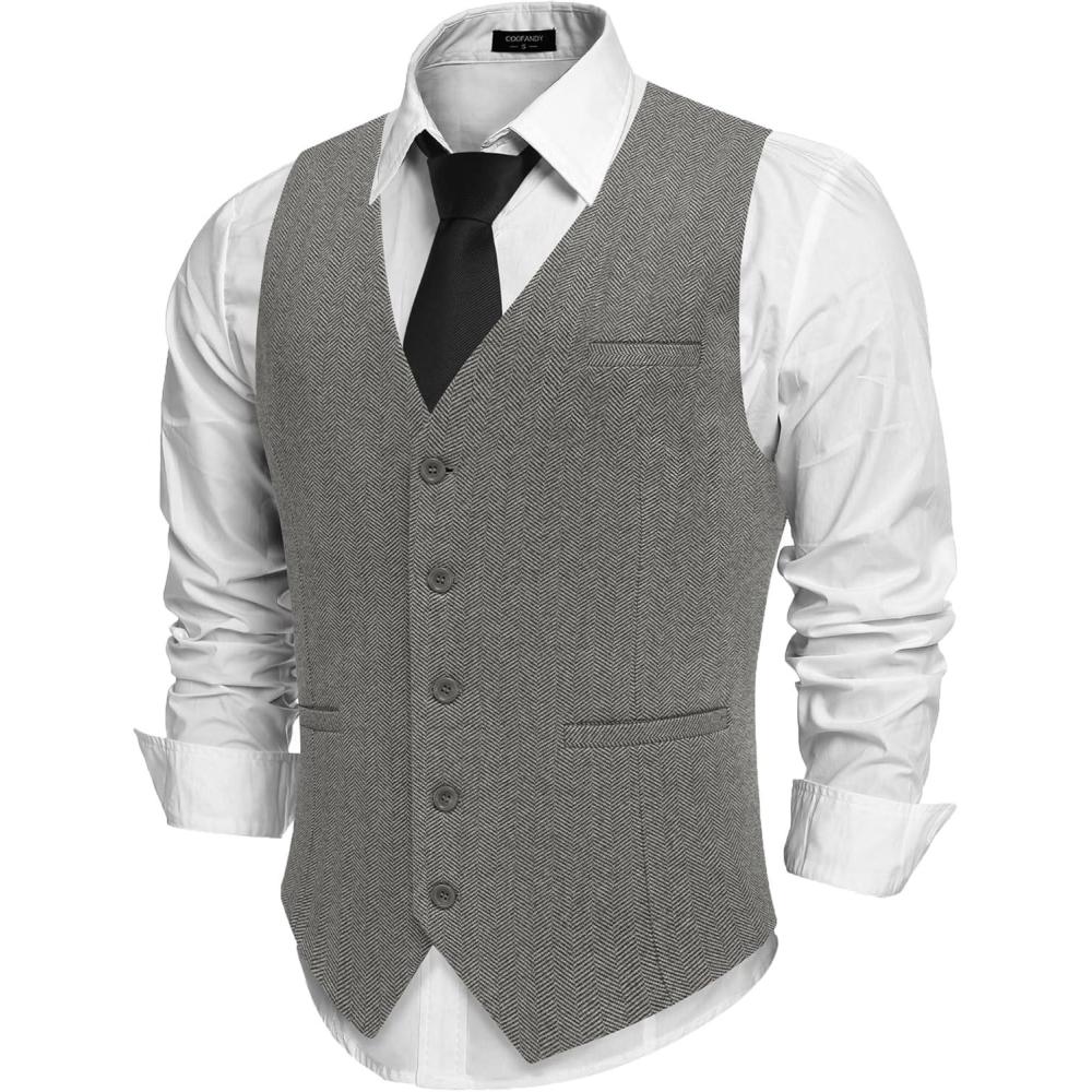 imageCOOFANDY Mens Herringbone Tweed Suit Vests Slim Fit Waistcoat Casual Business Dress VestDark Grey