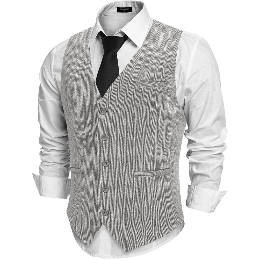 imageCOOFANDY Mens Herringbone Tweed Suit Vests Slim Fit Waistcoat Casual Business Dress VestGrey