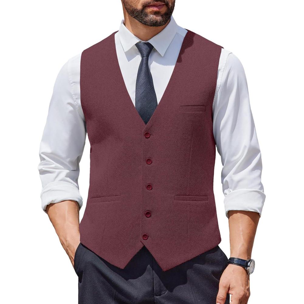 imageCOOFANDY Mens Herringbone Tweed Suit Vests Slim Fit Waistcoat Casual Business Dress VestRed