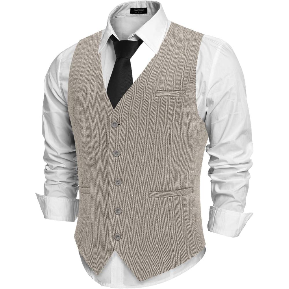 imageCOOFANDY Mens Herringbone Tweed Suit Vests Slim Fit Waistcoat Casual Business Dress VestTeal Grey