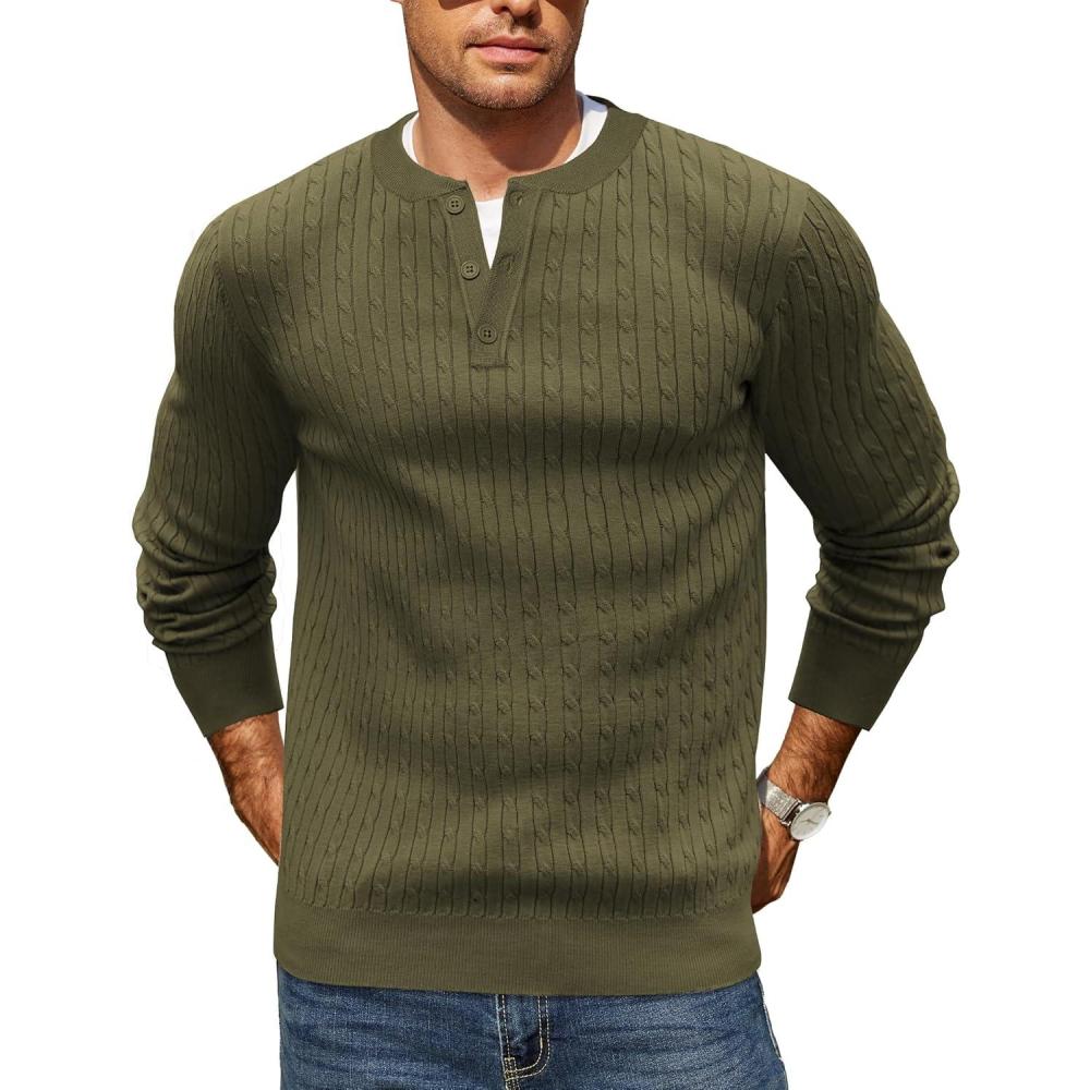 imageCOOFANDY Mens Knit Henley Sweater Long Sleeve Button Down Fall Sweaters and PulloversArmy Green