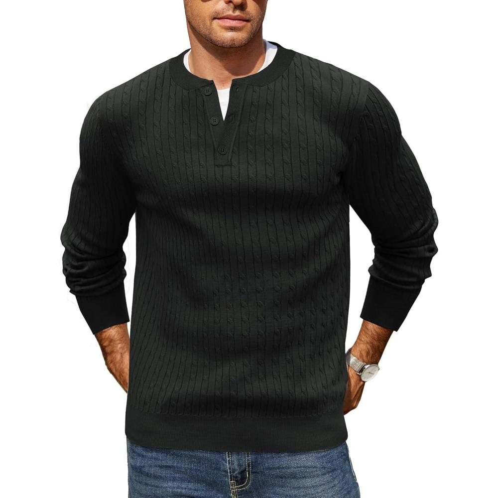 imageCOOFANDY Mens Knit Henley Sweater Long Sleeve Button Down Fall Sweaters and PulloversBlack