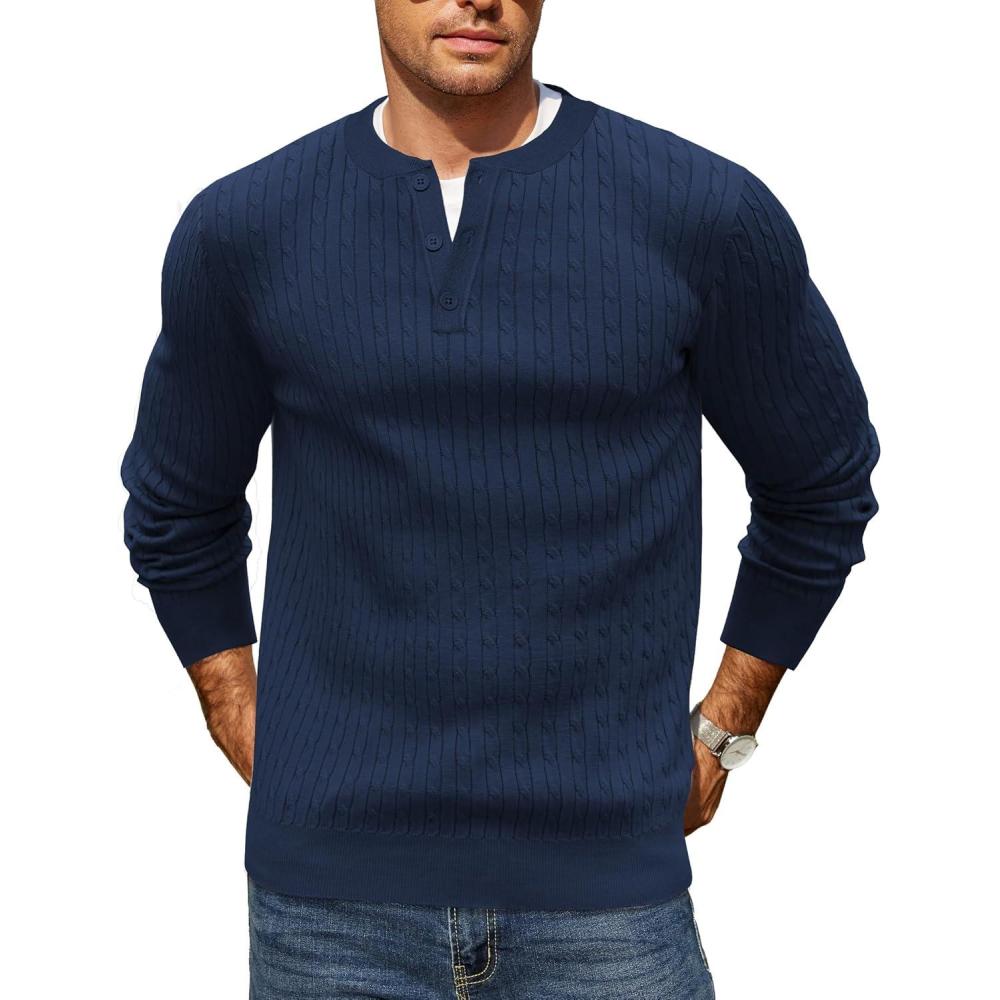 imageCOOFANDY Mens Knit Henley Sweater Long Sleeve Button Down Fall Sweaters and PulloversBlue Violet