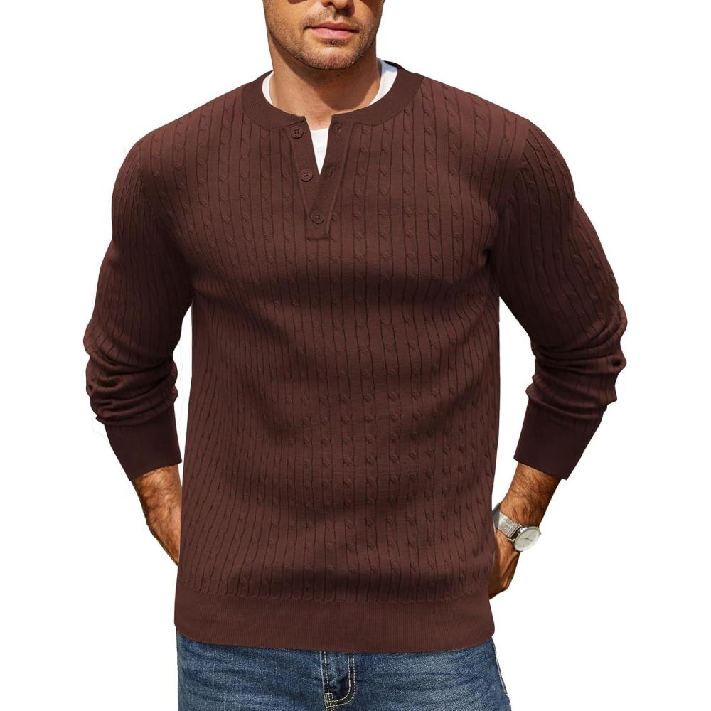 imageCOOFANDY Mens Knit Henley Sweater Long Sleeve Button Down Fall Sweaters and PulloversBrown