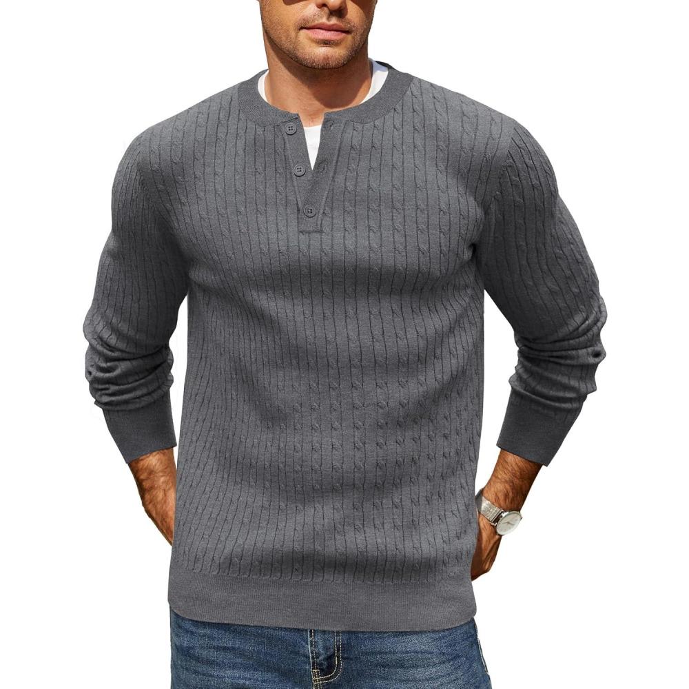 imageCOOFANDY Mens Knit Henley Sweater Long Sleeve Button Down Fall Sweaters and PulloversDark Grey