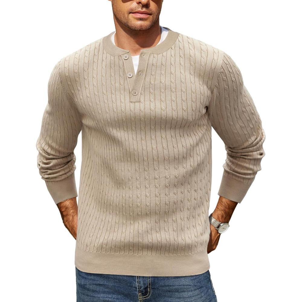 imageCOOFANDY Mens Knit Henley Sweater Long Sleeve Button Down Fall Sweaters and PulloversKhaki