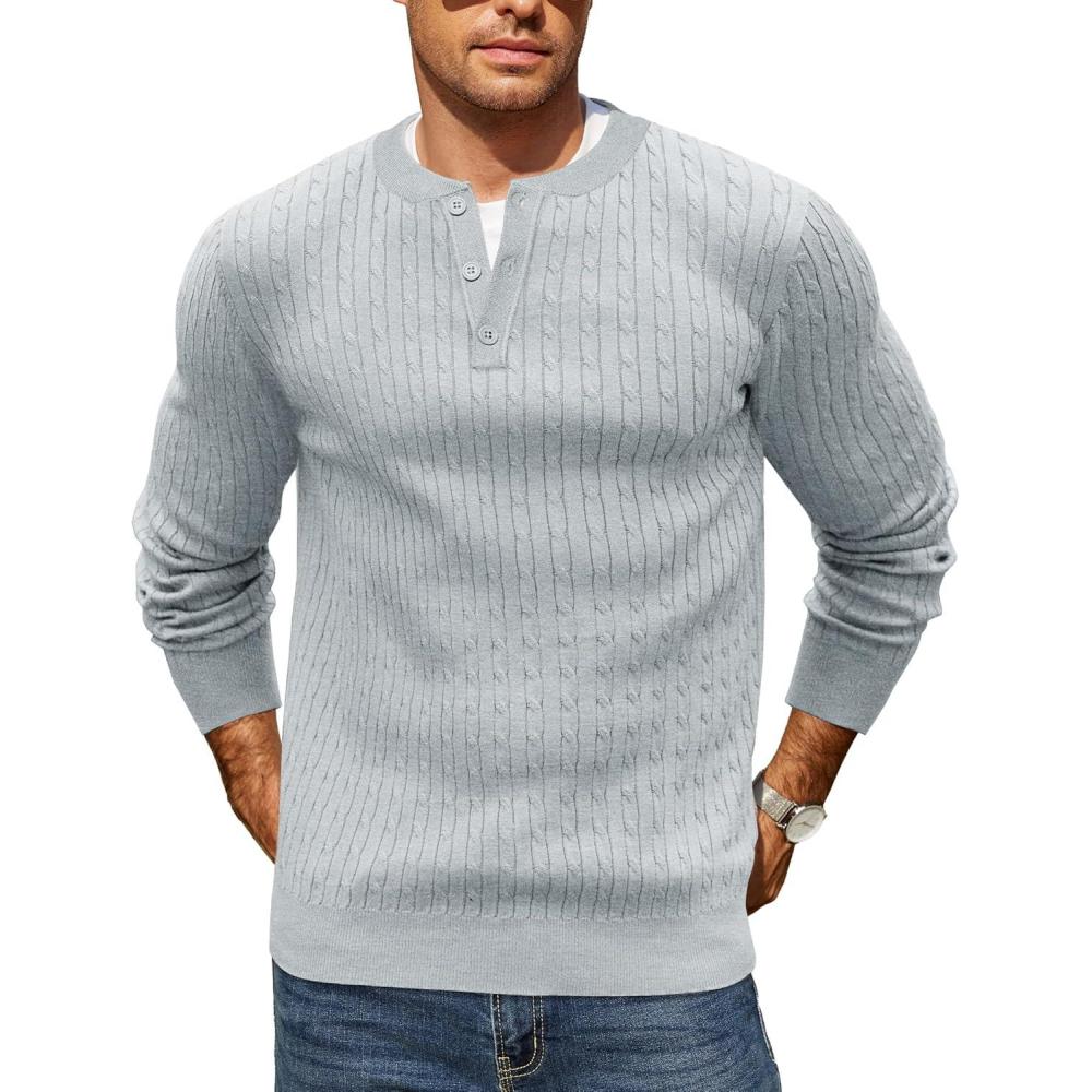 imageCOOFANDY Mens Knit Henley Sweater Long Sleeve Button Down Fall Sweaters and PulloversLight Grey
