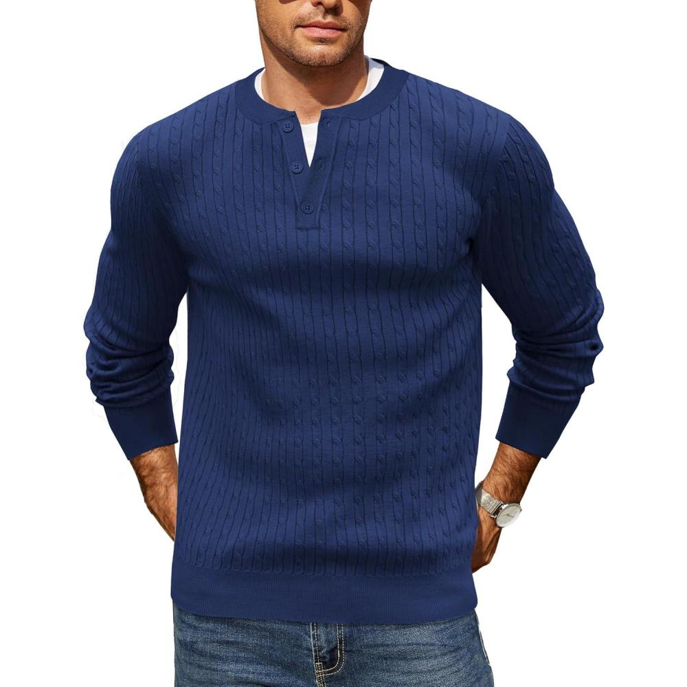 imageCOOFANDY Mens Knit Henley Sweater Long Sleeve Button Down Fall Sweaters and PulloversNavy Blue