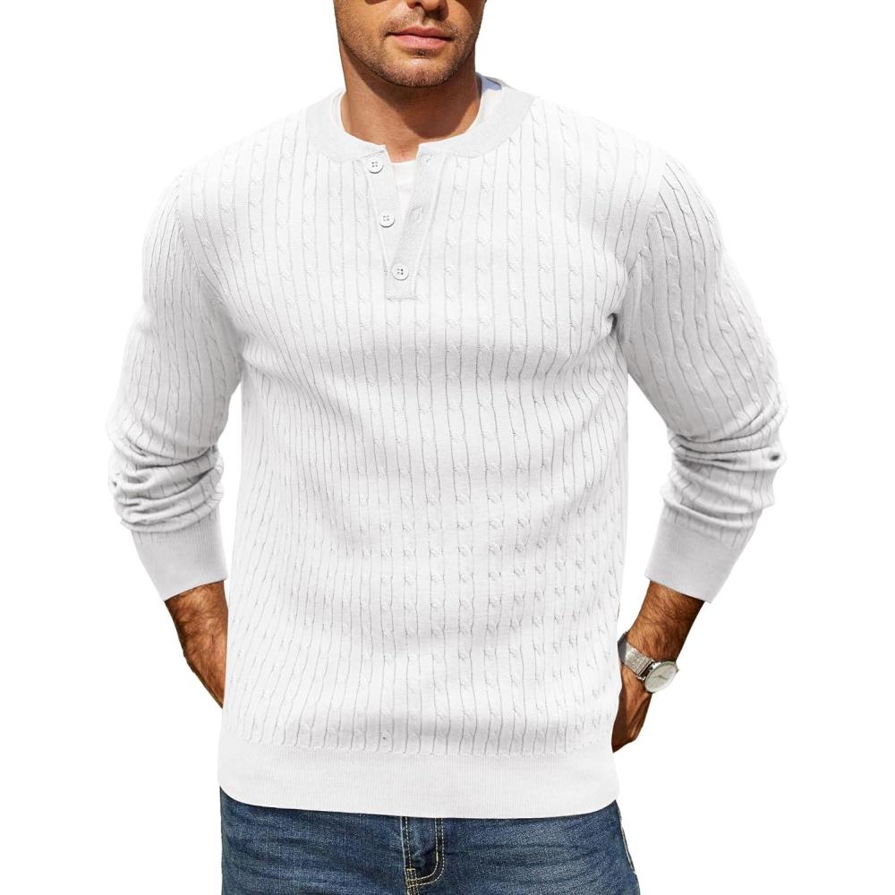 imageCOOFANDY Mens Knit Henley Sweater Long Sleeve Button Down Fall Sweaters and PulloversWhite