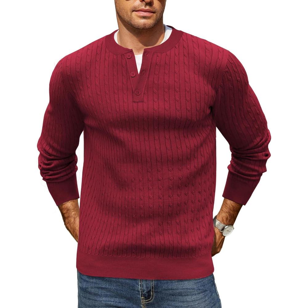 imageCOOFANDY Mens Knit Henley Sweater Long Sleeve Button Down Fall Sweaters and PulloversWine Red