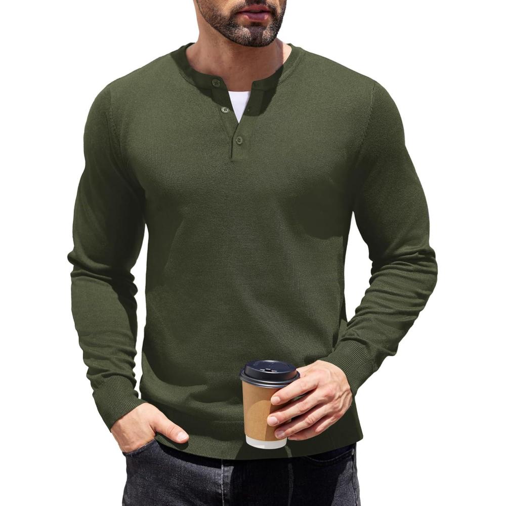imageCOOFANDY Mens Knit Henley TShirts Dress Long Sleeve Sweater Casual Collarless Quarter Button PulloverArmy Green