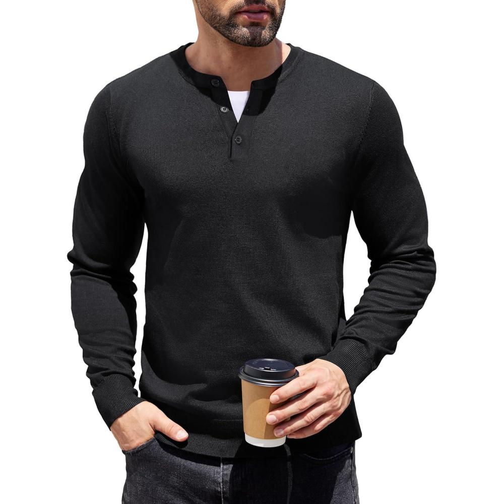 imageCOOFANDY Mens Knit Henley TShirts Dress Long Sleeve Sweater Casual Collarless Quarter Button PulloverBlack