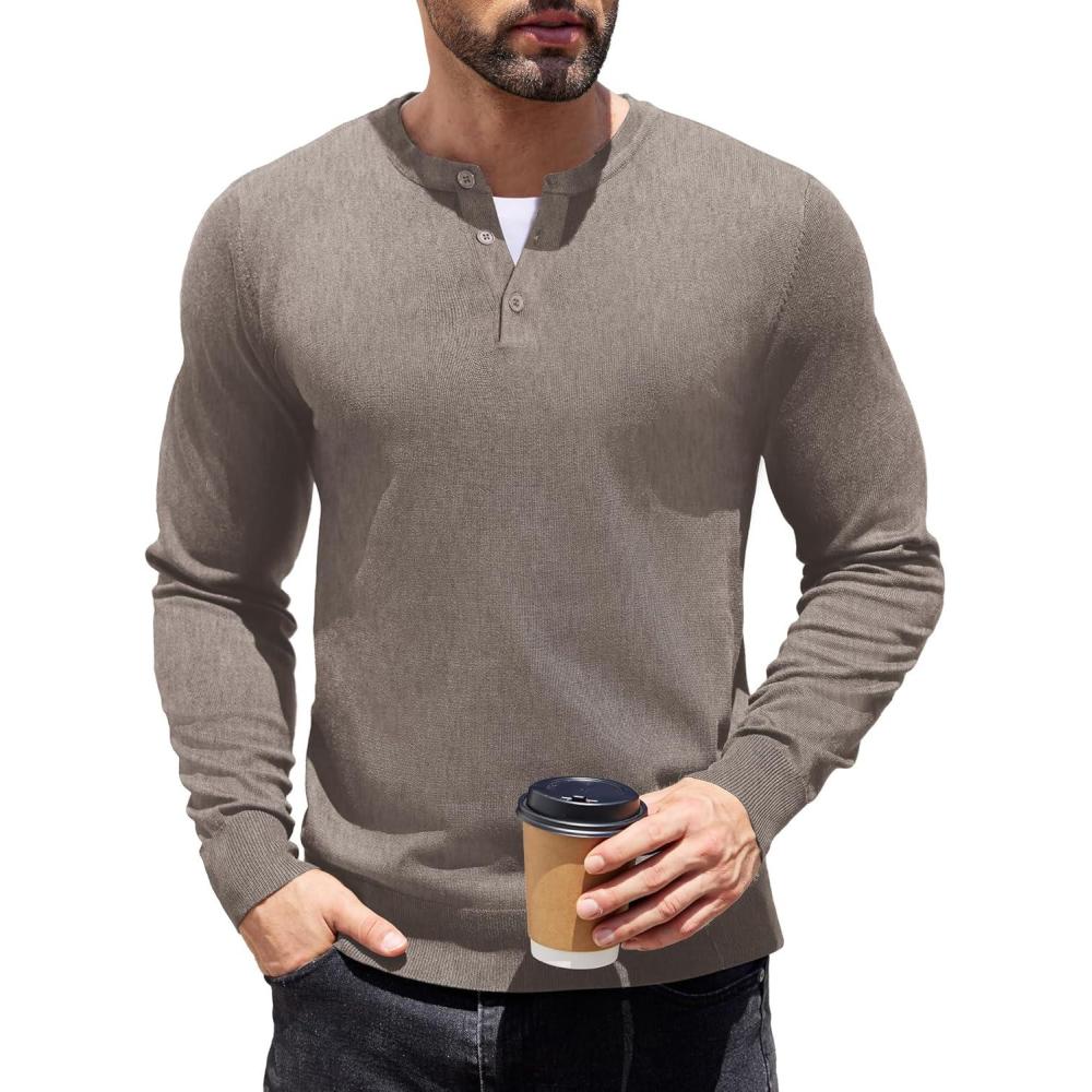 imageCOOFANDY Mens Knit Henley TShirts Dress Long Sleeve Sweater Casual Collarless Quarter Button PulloverBrown