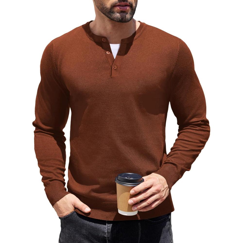imageCOOFANDY Mens Knit Henley TShirts Dress Long Sleeve Sweater Casual Collarless Quarter Button PulloverCaramel