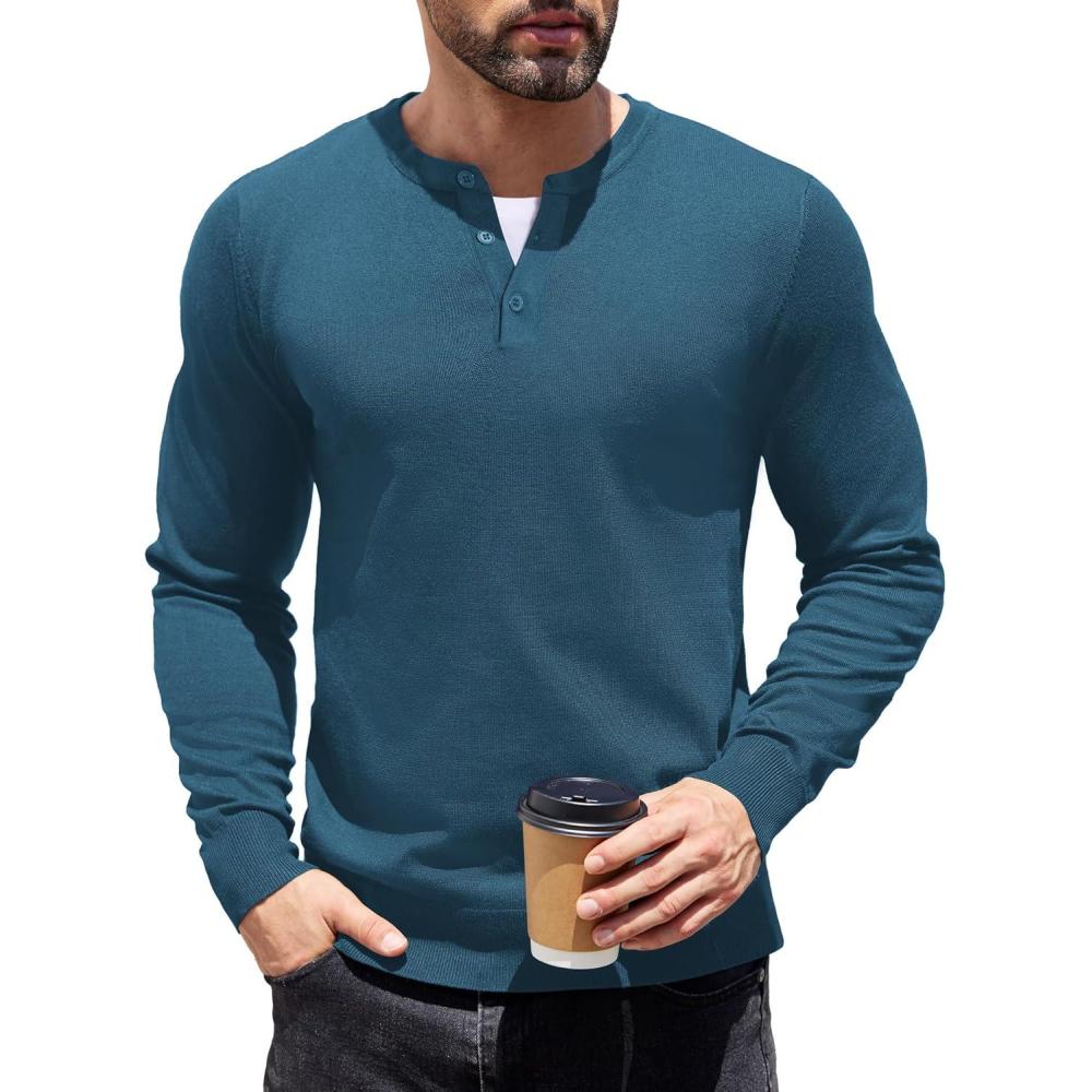 imageCOOFANDY Mens Knit Henley TShirts Dress Long Sleeve Sweater Casual Collarless Quarter Button PulloverDark Blue