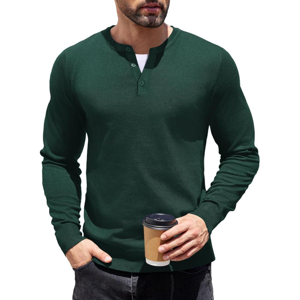 imageCOOFANDY Mens Knit Henley TShirts Dress Long Sleeve Sweater Casual Collarless Quarter Button PulloverDark Green