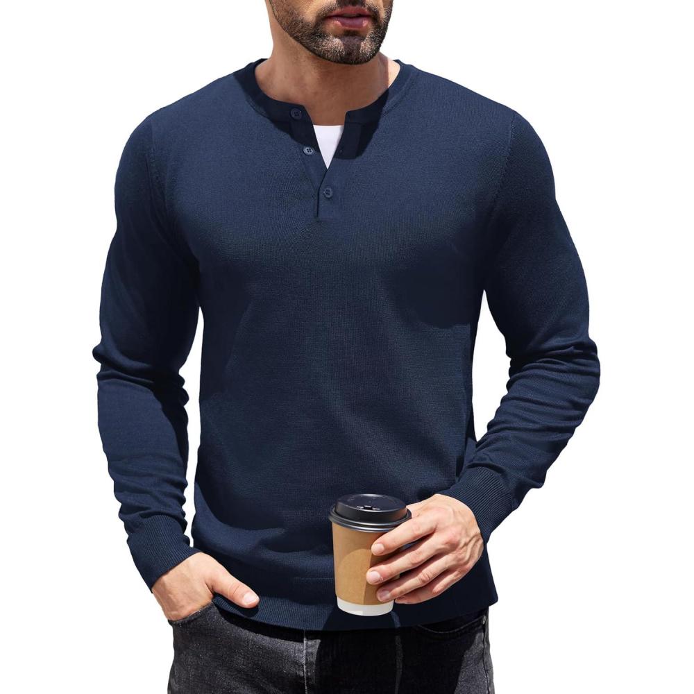imageCOOFANDY Mens Knit Henley TShirts Dress Long Sleeve Sweater Casual Collarless Quarter Button PulloverDark Navy Blue