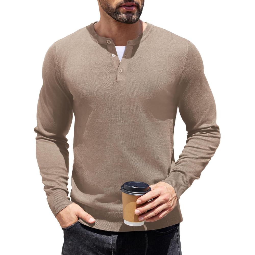 imageCOOFANDY Mens Knit Henley TShirts Dress Long Sleeve Sweater Casual Collarless Quarter Button PulloverKhaki