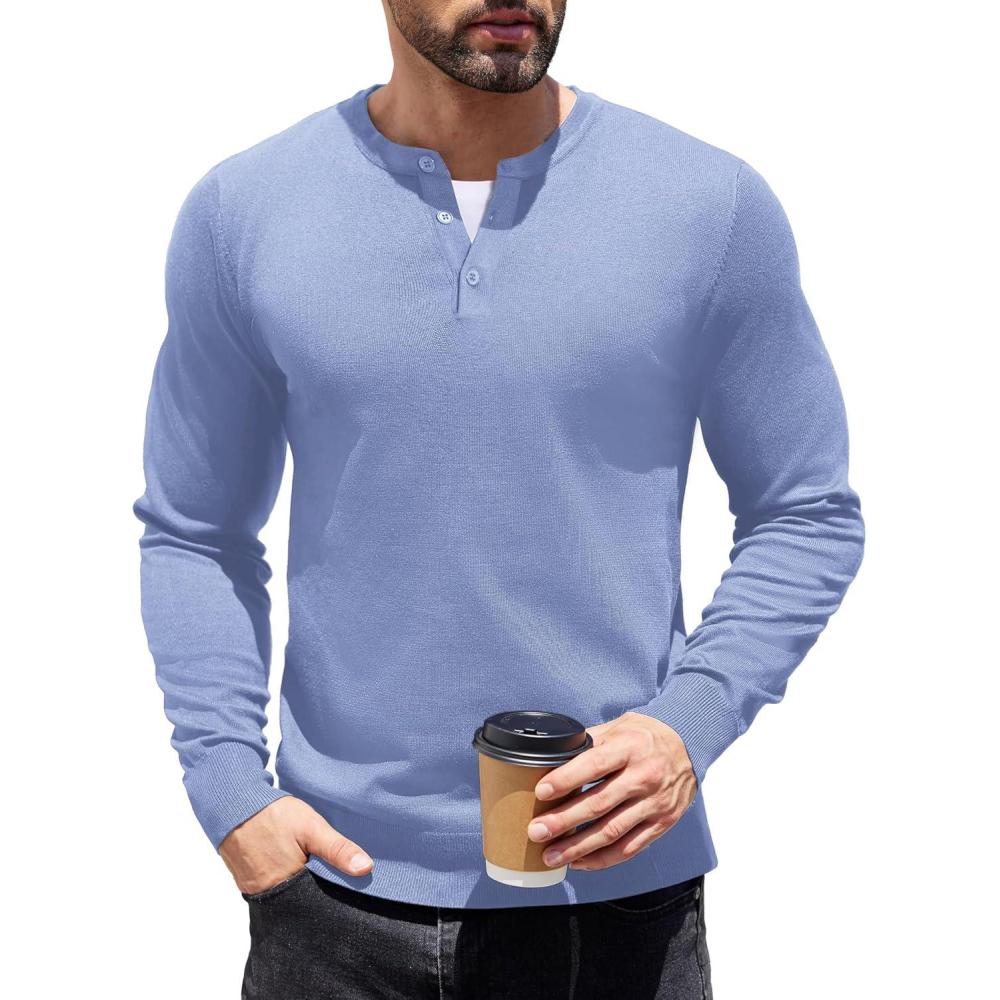 imageCOOFANDY Mens Knit Henley TShirts Dress Long Sleeve Sweater Casual Collarless Quarter Button PulloverLight Blue