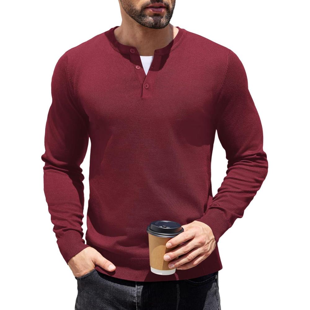 imageCOOFANDY Mens Knit Henley TShirts Dress Long Sleeve Sweater Casual Collarless Quarter Button PulloverWine Red