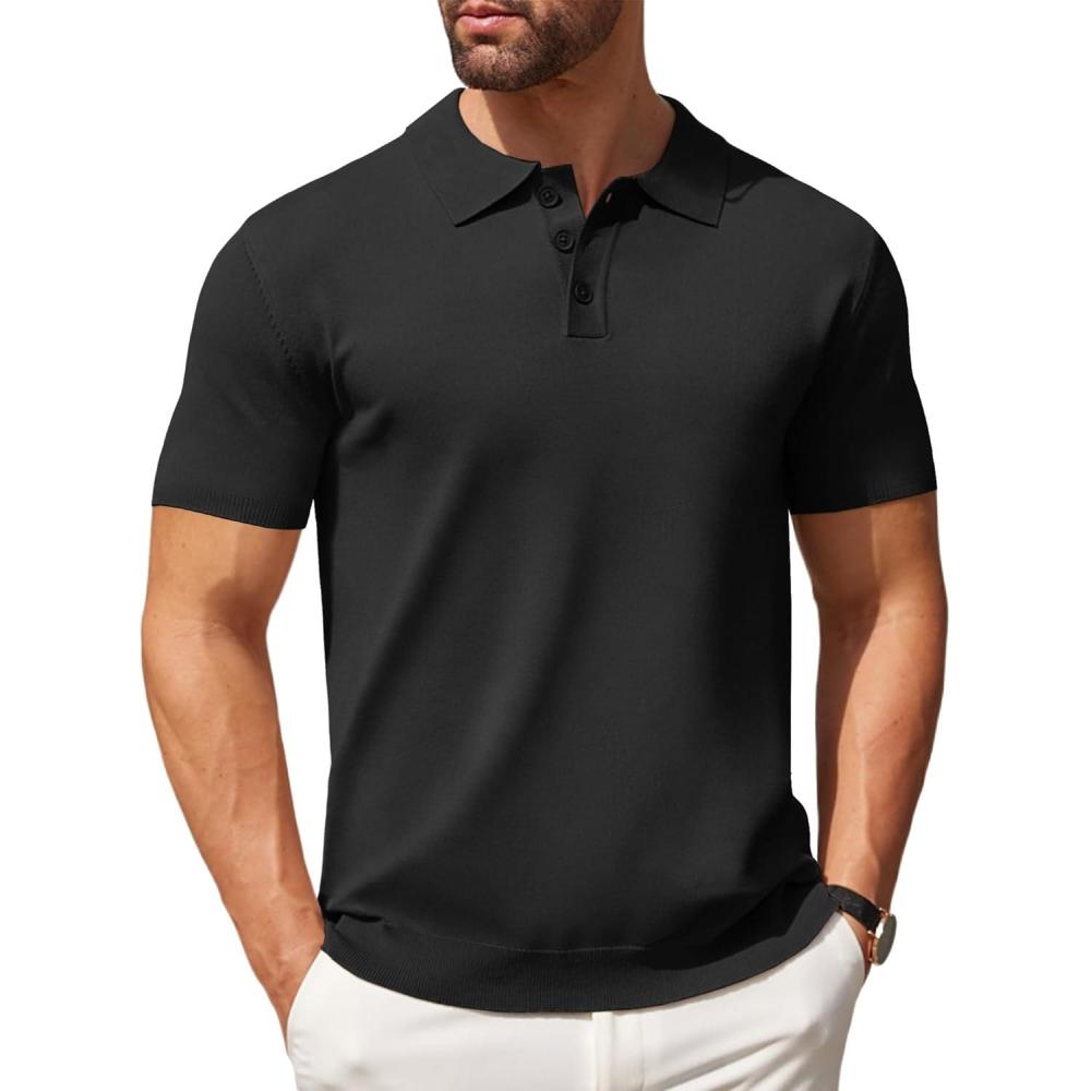 imageCOOFANDY Mens Knit Polo Shirts Casual Short Sleeve Button Down Polo Shirt Classic Golf ShirtsAll Black