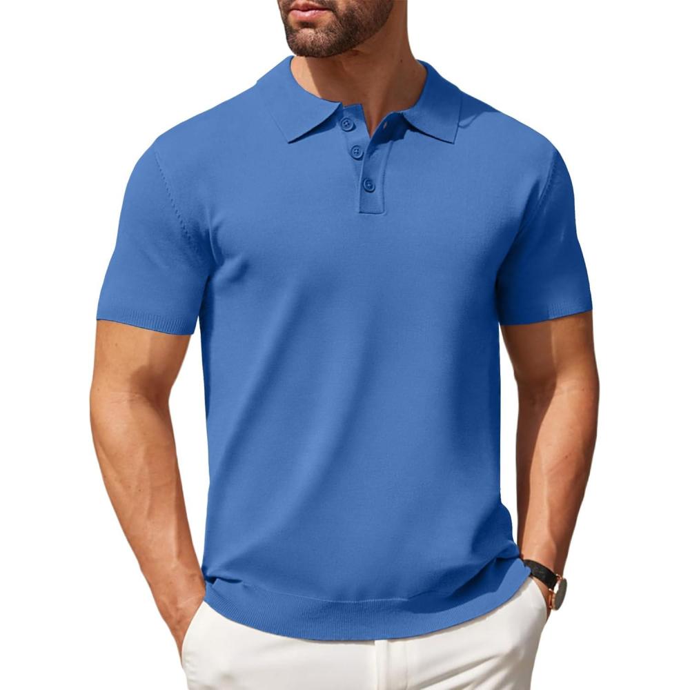 imageCOOFANDY Mens Knit Polo Shirts Casual Short Sleeve Button Down Polo Shirt Classic Golf ShirtsBlue