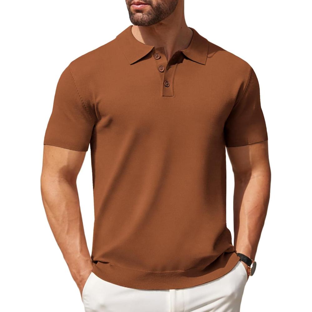 imageCOOFANDY Mens Knit Polo Shirts Casual Short Sleeve Button Down Polo Shirt Classic Golf ShirtsCaramel