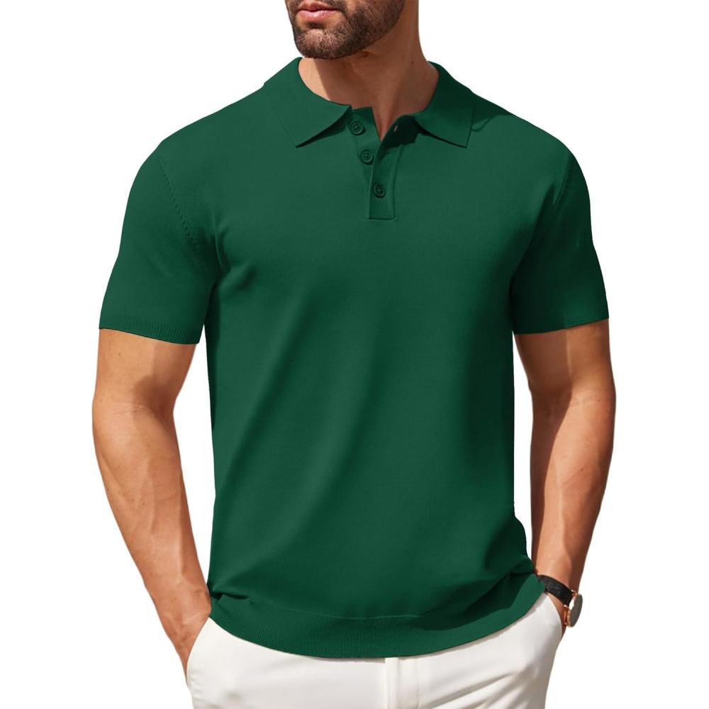 imageCOOFANDY Mens Knit Polo Shirts Casual Short Sleeve Button Down Polo Shirt Classic Golf ShirtsDark Green