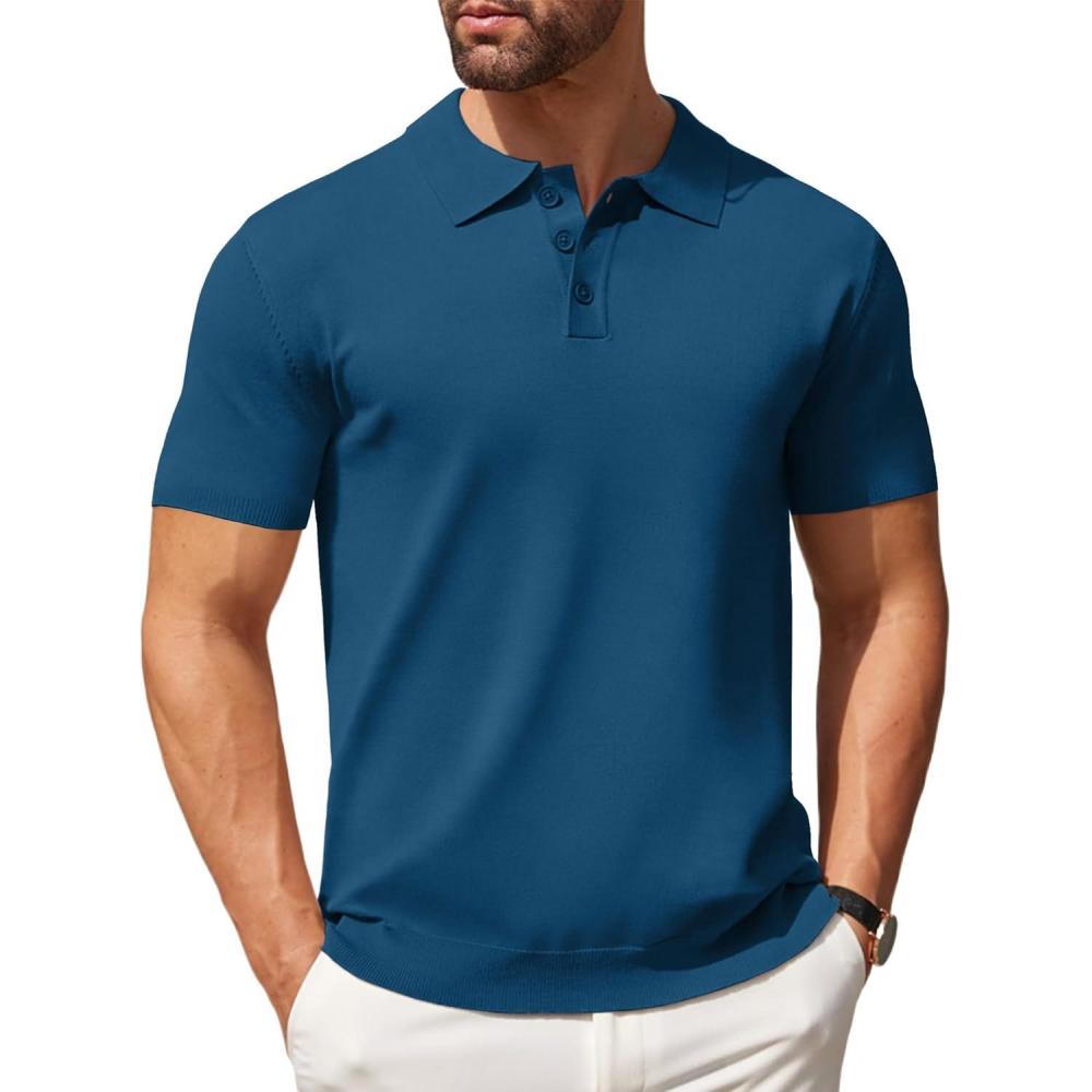 imageCOOFANDY Mens Knit Polo Shirts Casual Short Sleeve Button Down Polo Shirt Classic Golf ShirtsDenim Blue