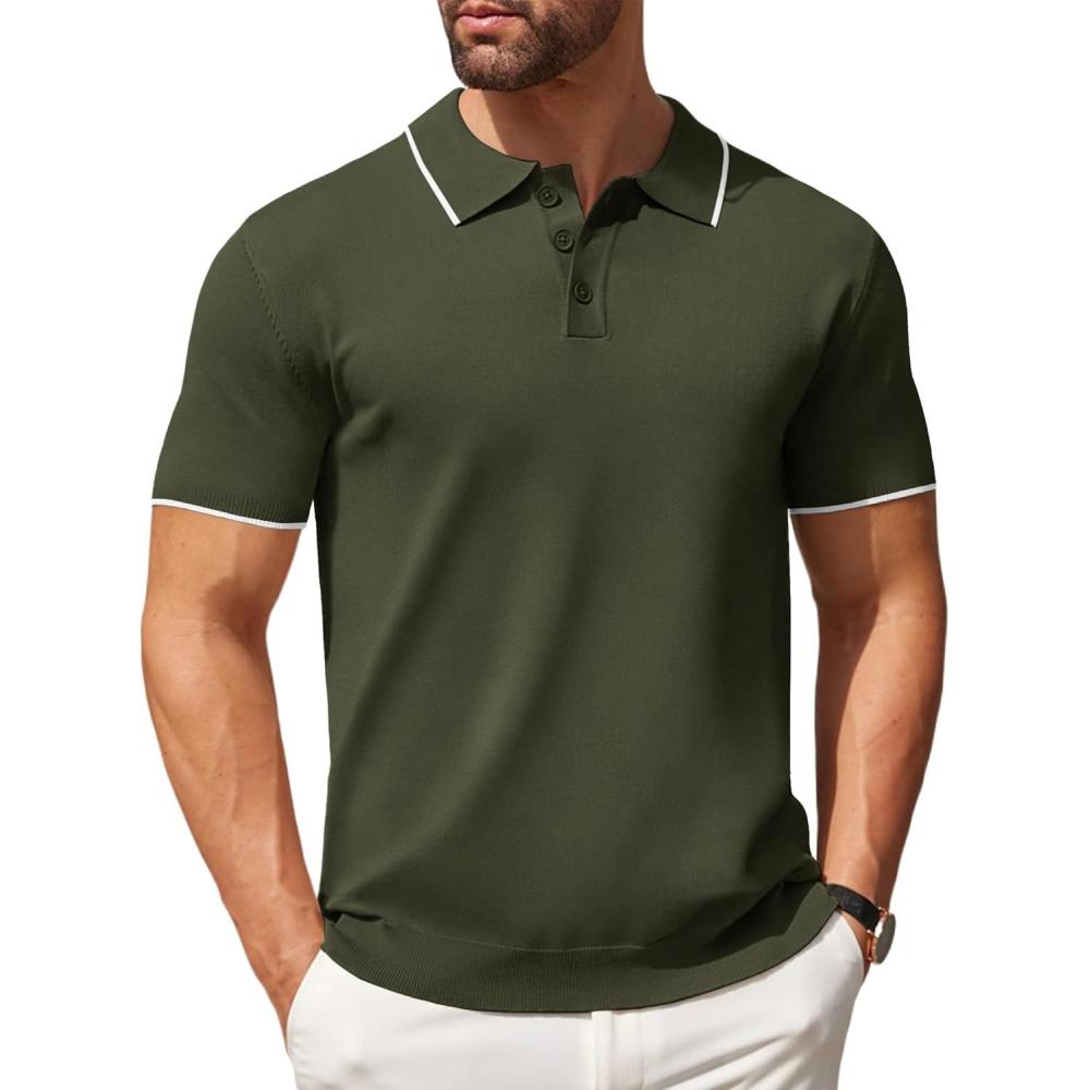 imageCOOFANDY Mens Knit Polo Shirts Casual Short Sleeve Button Down Polo Shirt Classic Golf ShirtsEarmy Green White Striped