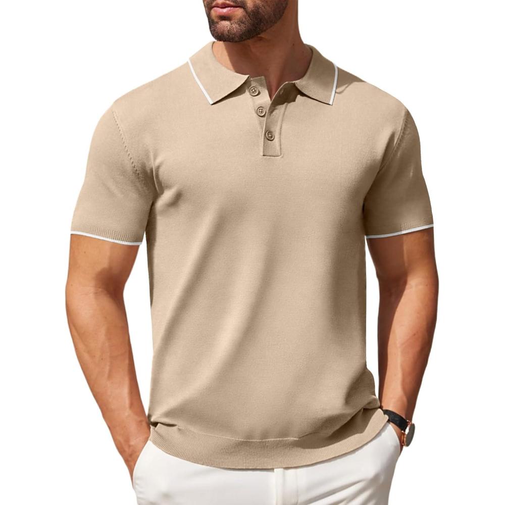 imageCOOFANDY Mens Knit Polo Shirts Casual Short Sleeve Button Down Polo Shirt Classic Golf ShirtsEkhaki White Striped