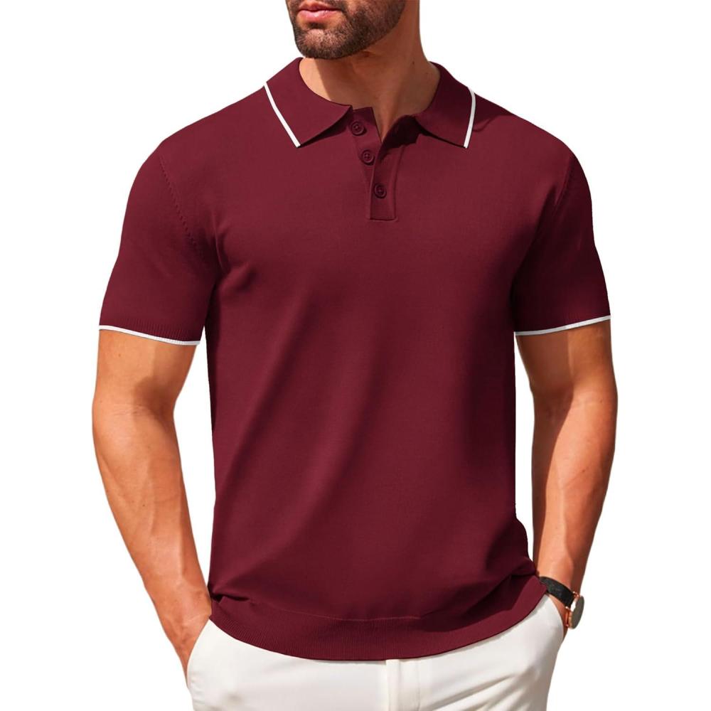imageCOOFANDY Mens Knit Polo Shirts Casual Short Sleeve Button Down Polo Shirt Classic Golf ShirtsEwine Red White Striped