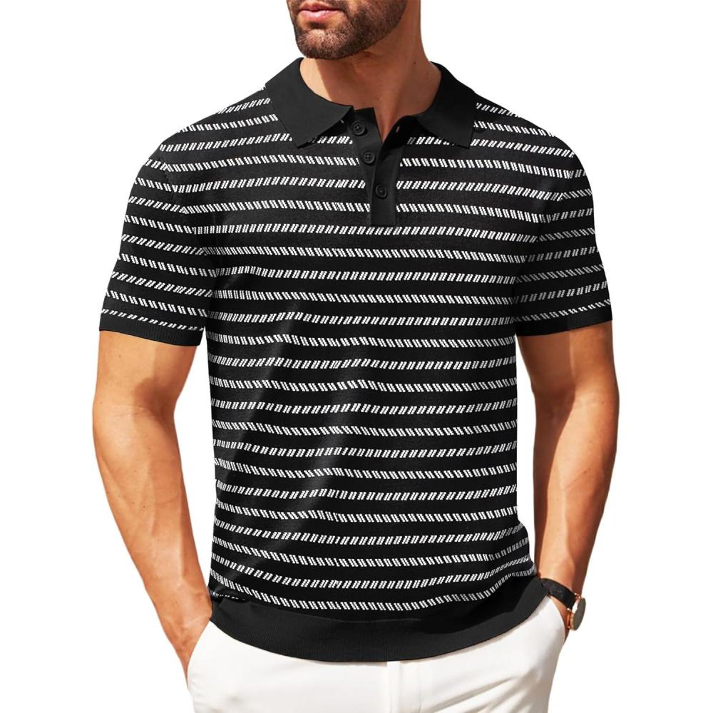 imageCOOFANDY Mens Knit Polo Shirts Casual Short Sleeve Button Down Polo Shirt Classic Golf ShirtsFblackWhite Striped