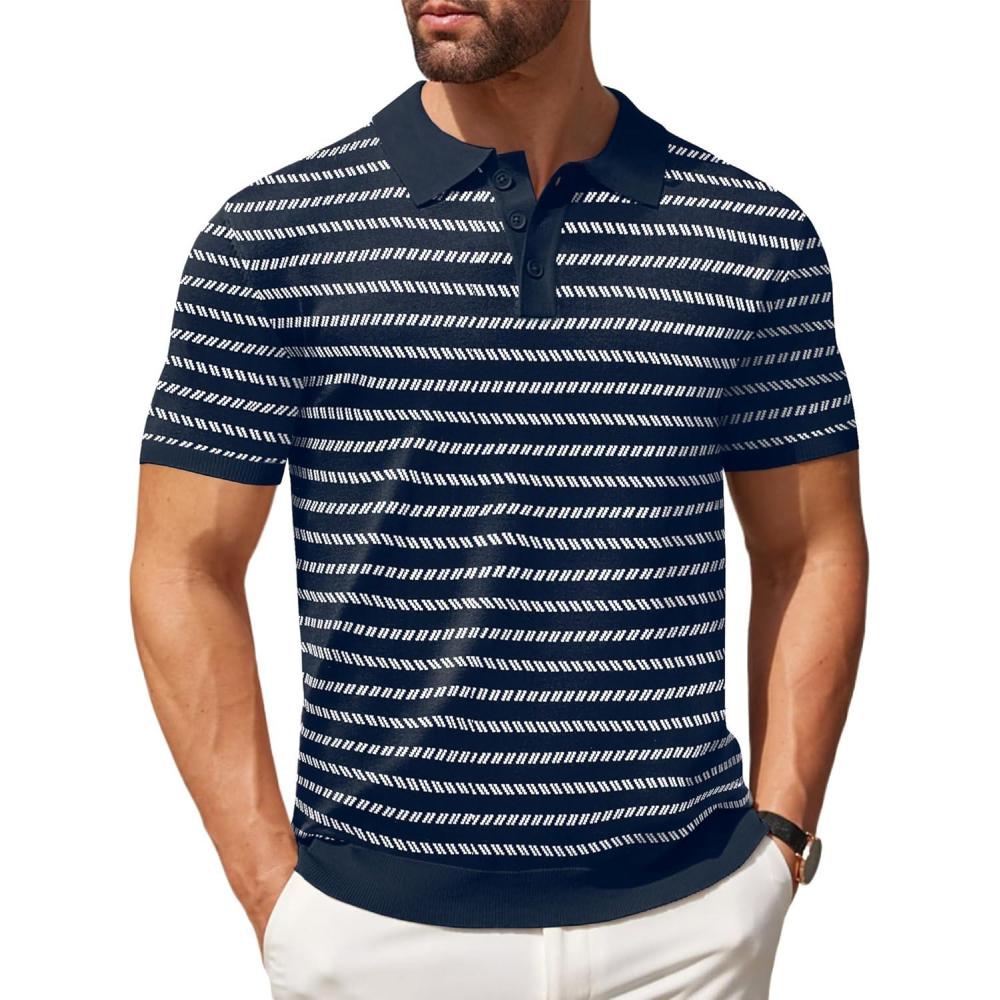 imageCOOFANDY Mens Knit Polo Shirts Casual Short Sleeve Button Down Polo Shirt Classic Golf ShirtsFnavy BlueWhite Striped