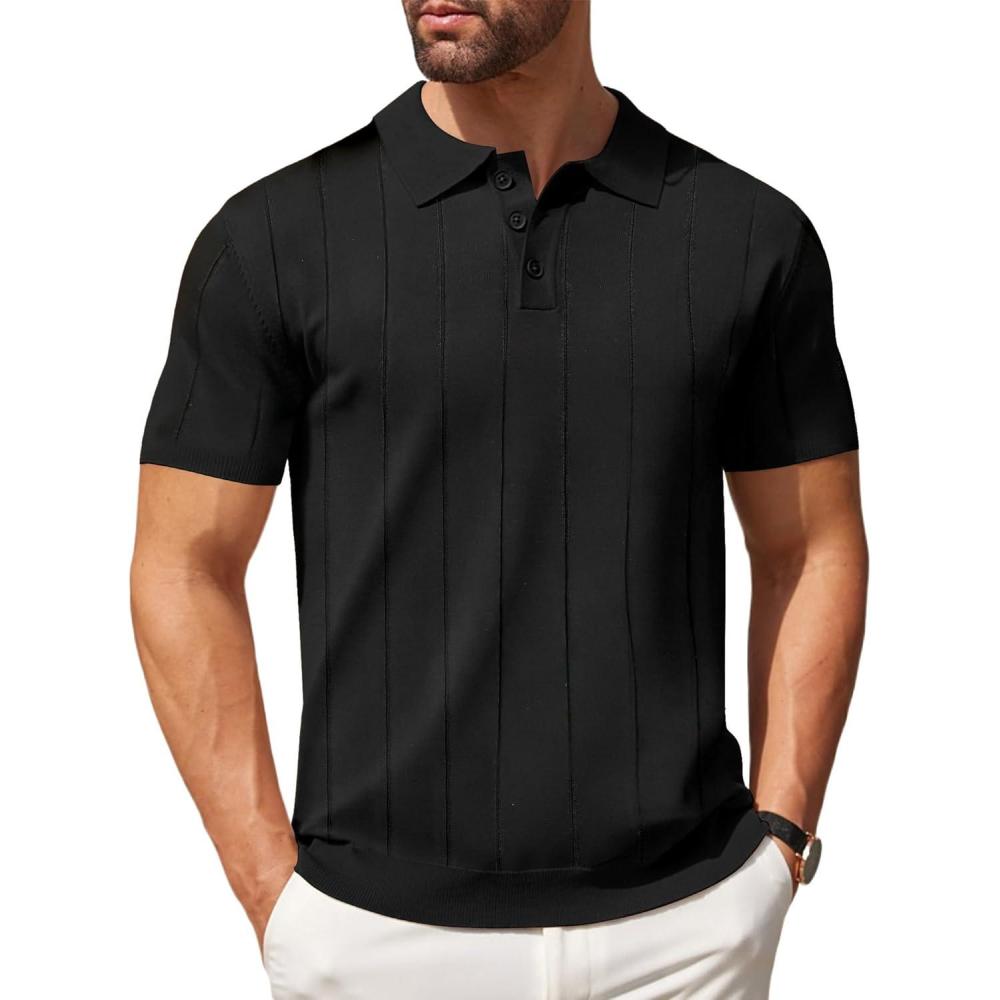 imageCOOFANDY Mens Knit Polo Shirts Casual Short Sleeve Button Down Polo Shirt Classic Golf ShirtsGblack Ribbing